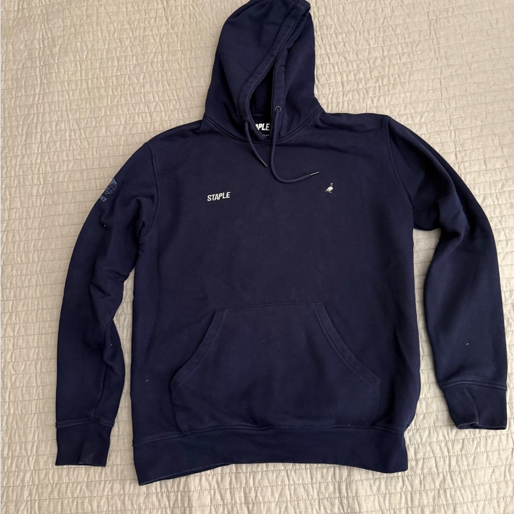 Staple Men's Dark Blue Hoodie with Duck and Lightning Bolt Designs